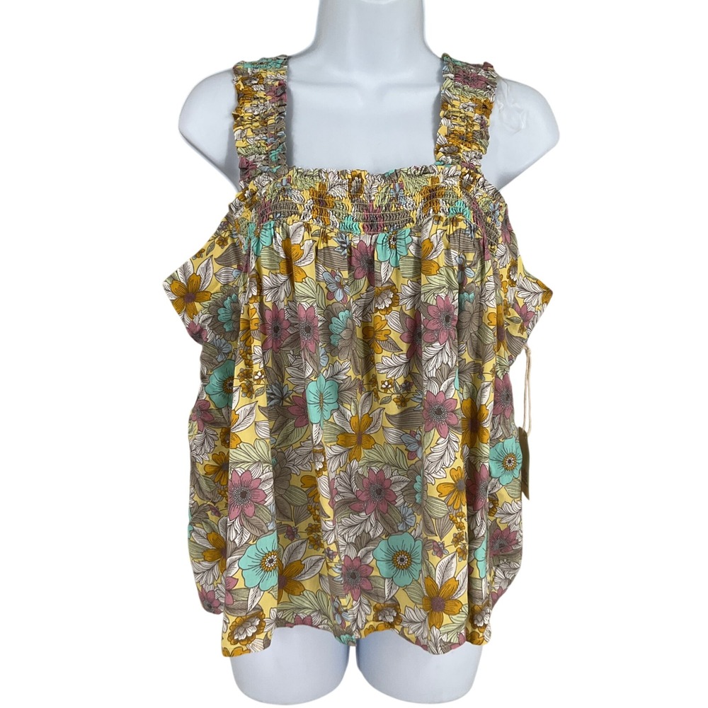 a.n.a A New Approach Floral Tank Top Women XL Yellow Cotton Smocked Boho Hippie‎